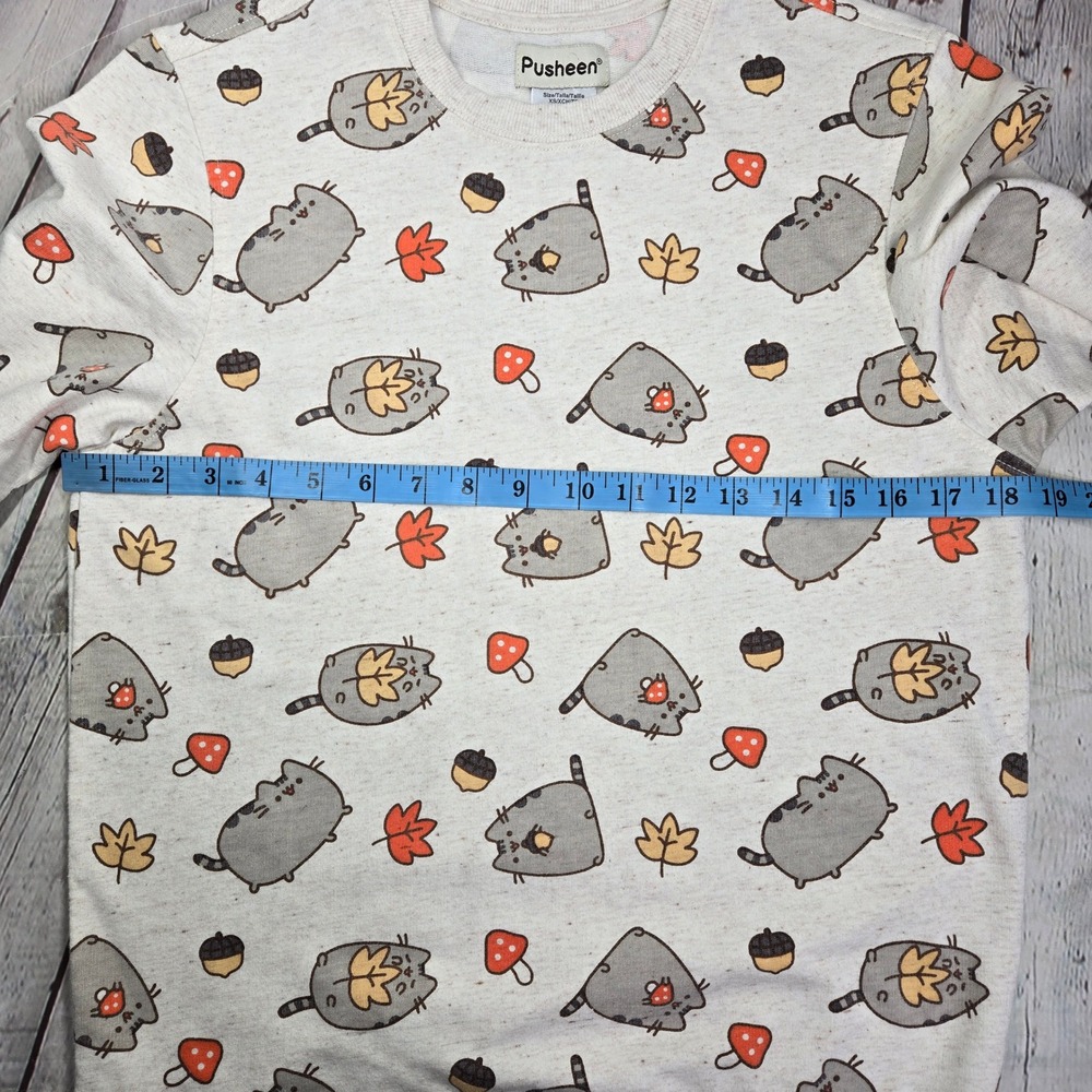 Pusheen Womens XS Sweatshirt Gray Autumn Fall Mushroom Acorn All Over Print - Picture 8 of 10